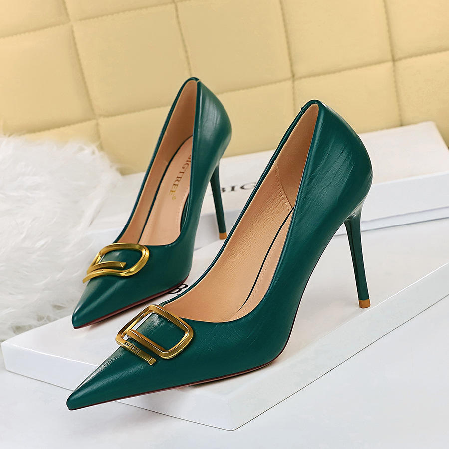 Big Tree European And American Fashion Banquet High Heels Women's Shoes Thin Heels High Heels Shallow Mouth Pointed Metal Buckle Decorative Single Shoes Lady Shoes