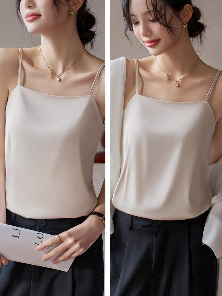 Ice Silk Traceless Beautiful Back Camisole Vest for Outer Wearing Spring and Summer Interior Solid Color Base Anti-Glow All-Match Top for Women