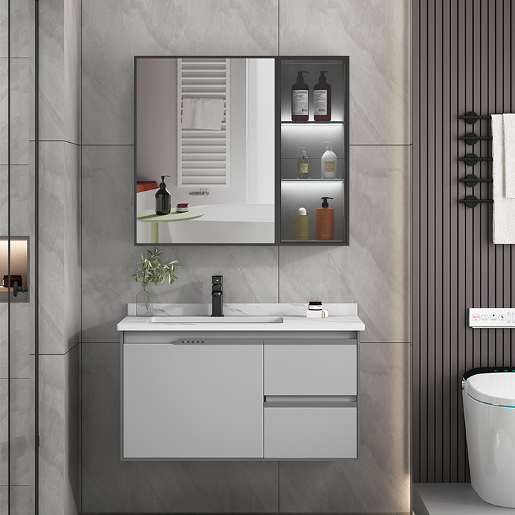 Moderno minimalista espacio de aluminio baño lavabo gabinete combinación lavabo del baño Placa de roca lavabo inteligente espejo del baño gabinete