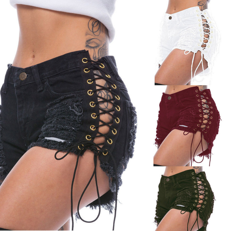 Cross-Border Amazon Ebay Beggar Ripped Women's Jeans Eyelet Bandage European and American Nightclub Sexy Women's Hot Pants