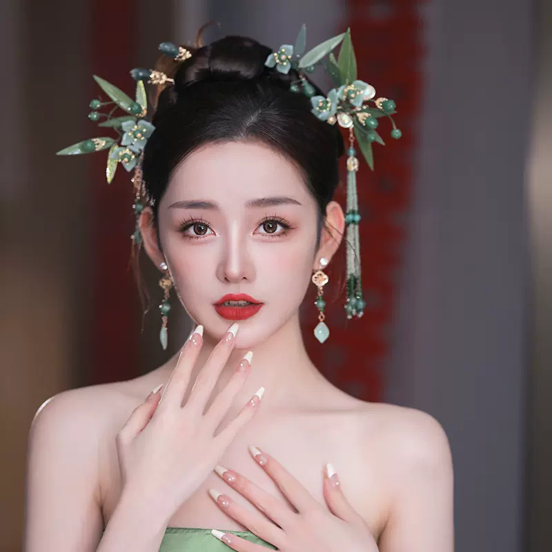 中式玉竹绿色叶片发簪套装新款优雅清新新娘秀禾晨袍造型新娘头饰
