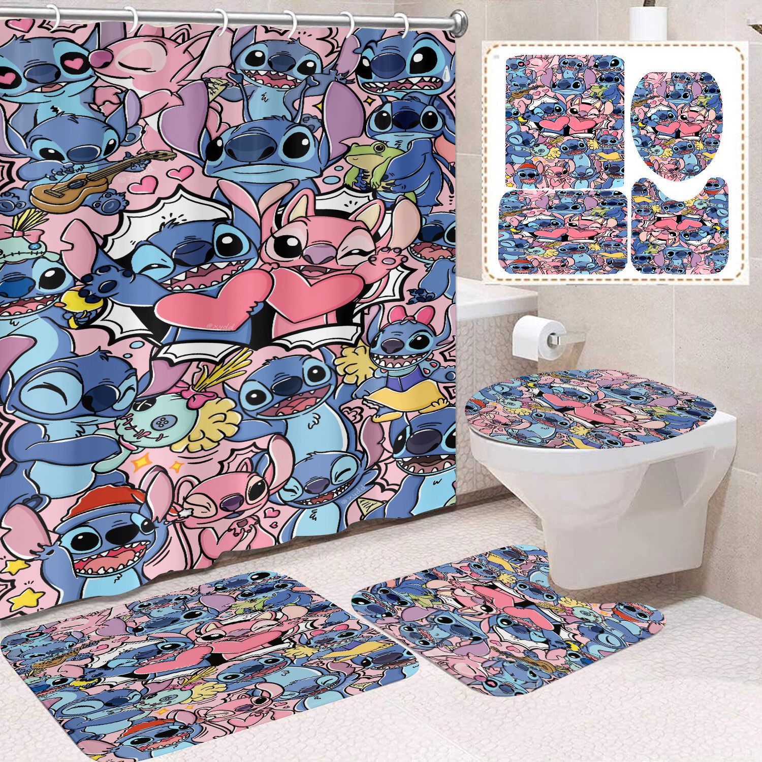 Venta directa de fábrica lindo baño de dibujos animados de cuatro piezas cortina de ducha impermeable cortina de ducha sin perforación cortina de partición de baño de baño