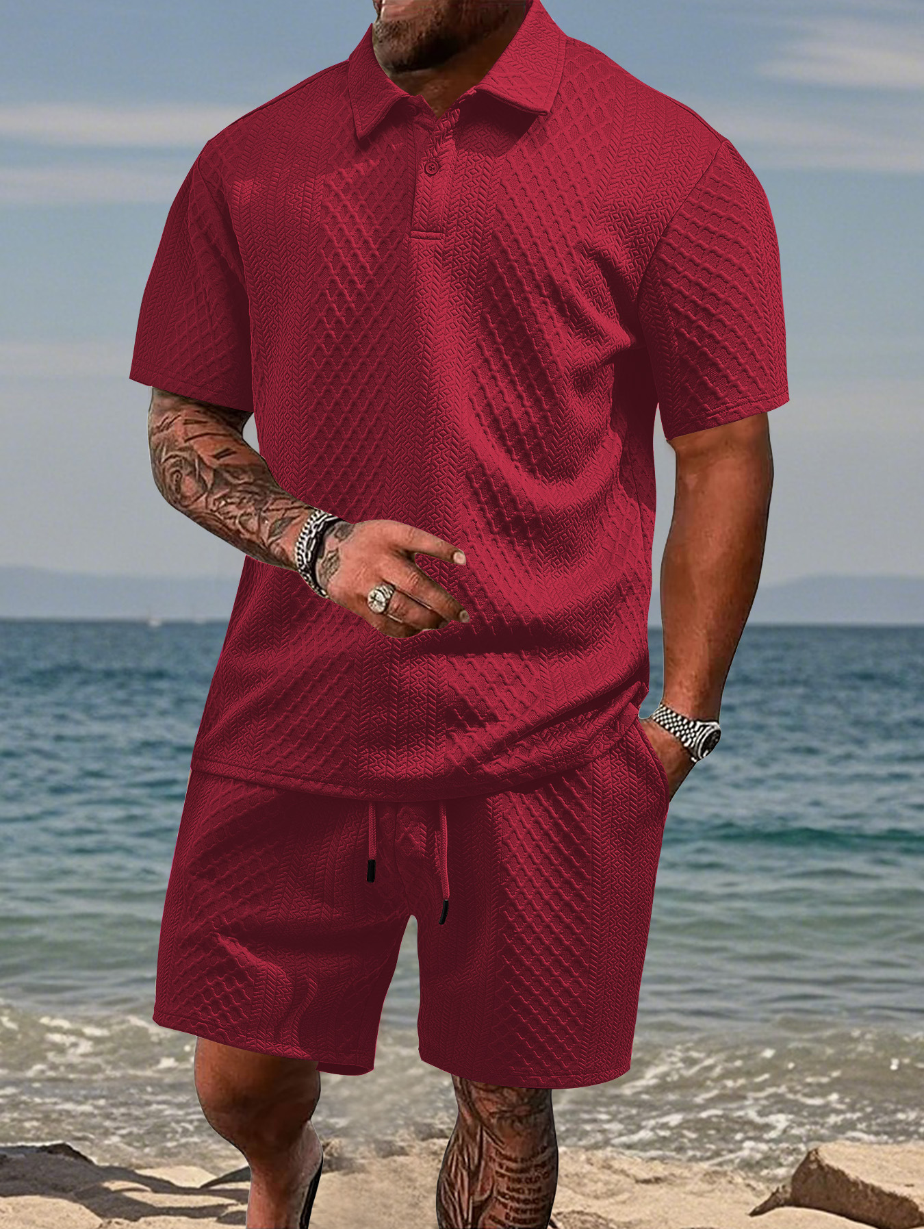 Cross-border nuevo hombre Jacquard Polo verano delgado con solapa cuadrada casual deportivo conjunto de mangas cortas para hombres