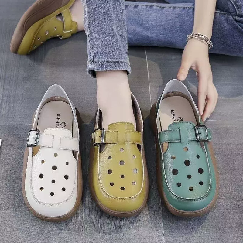 Ретро иностранные полые мягкие кожаные римские сандалии женские 2024 новый летний двухполосный кроссовок повседневные одиночные туфли