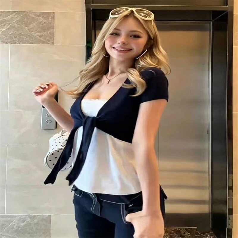 Cross-Border Foreign Trade Pure Desire Lace Tube Top Tie-Up Short-Sleeve Sun Protection Cardigan Women's Two-Piece Set Summer Slim-Fit Top Hot Girl Style
