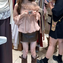 2025年温柔甜美法式斜肩秋季雪纺衫衬衫上衣女粉色杏色其它其他