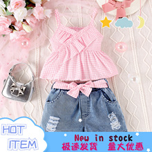 外贸跨境欧美夏季可爱女童套装纯色格子吊带搭破洞牛仔短裤 批发