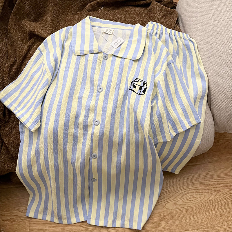 Ins Simple Style Blue Stripesd Milk 2025 New Summer Pajamas Women's Short-Sleeved Shorts Can Be Worn Outside Home Clothes