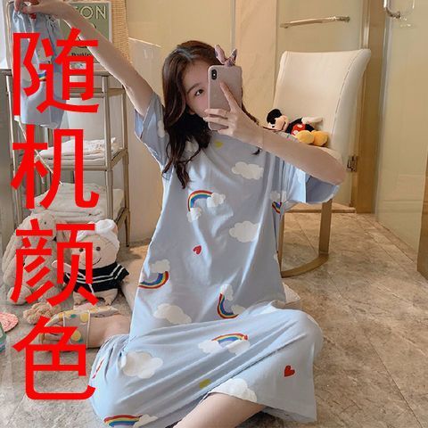 可爱日系甜美ins风长款睡裙女夏季短袖睡衣连衣裙家居服过膝长裙|undefined