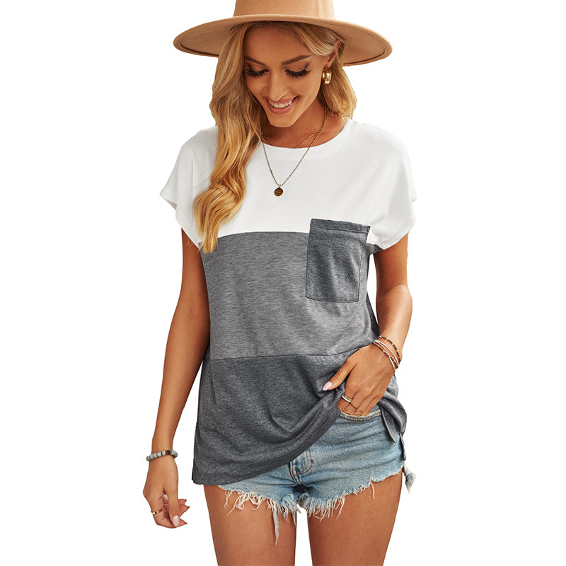 时颖短袖t恤女夏2022欧美新款宽松圆领纯色口袋跨境大码上衣女