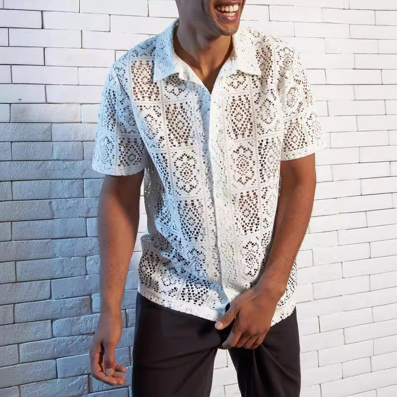 European and American cross-border new men's mesh Hollow shirt short sleeve casual twisted buckle summer vacation see-through top