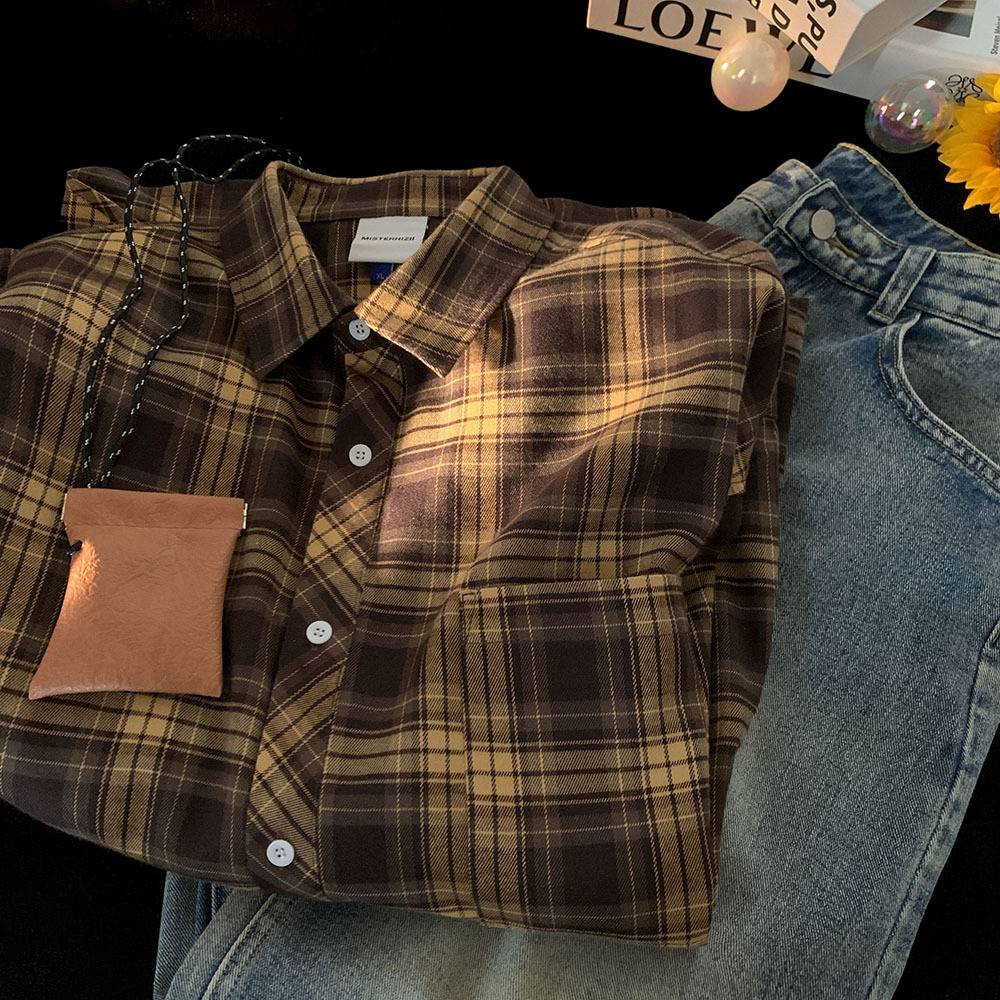 Otoño Hong Kong estilo camisa a cuadros hombres Pu guapo de alta calidad camisa de manga larga de moda marca de moda estilo japonés Capa delgada interior