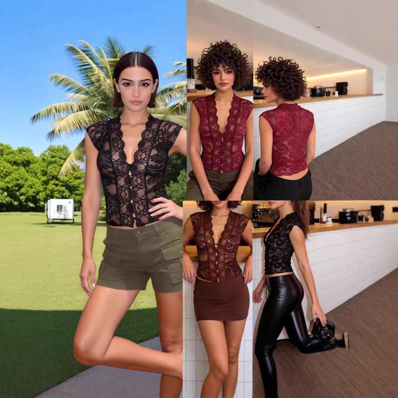 Cross-Border New Style Black Lace Sleeveless Top, Women's Sexy See-Through Tank Top, European and American Style Lace Patchwork Sleeveless T-Shirt