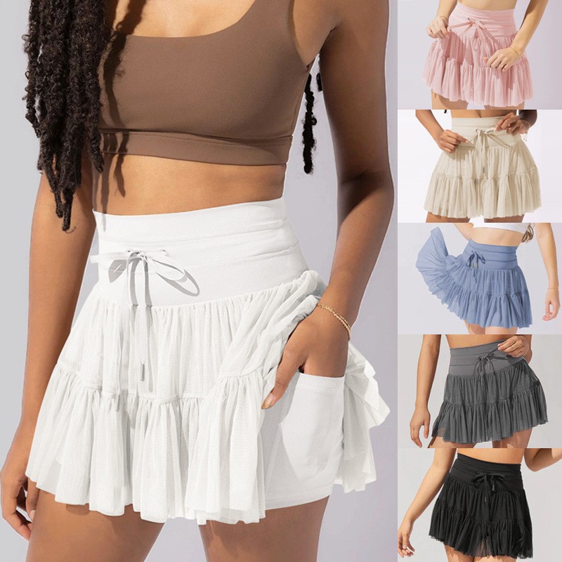 Cross-Border European and American Women's Fashion Skirt Pants Anti-Exposure Summer New High-Waisted Lace-Up Mesh Pleated Skirt Short Skirt Hot Girl
