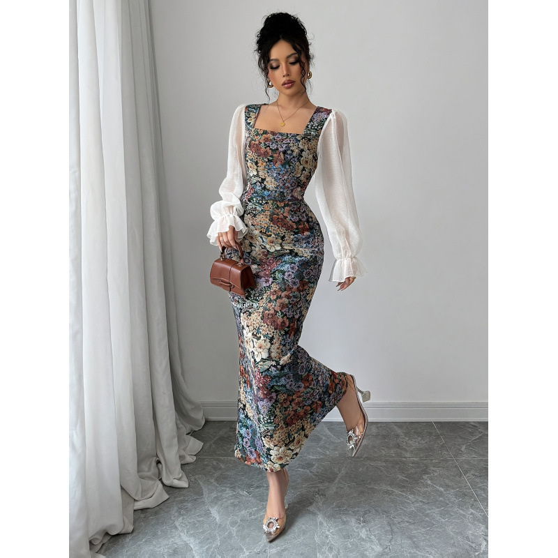 Aliexpress 1688 Independent Station Women's Oil Canvas Patchwork Chiffon Square Neck Elegant Dress