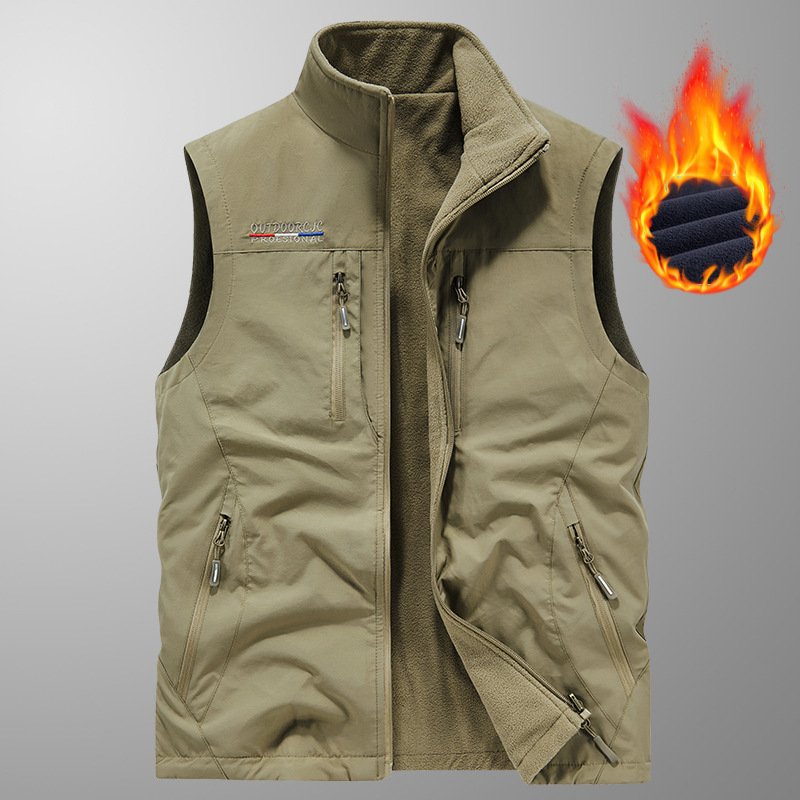 Outdoor Autumn and Winter Reversible Fleece-Lined Men's Work Vest Multi-Functional Multi-Flap Pocket Pants Stand-Up Collar Waistcoat Warm Vest Outdoor Autumn and Winter Reversible Fleece-Lined Men's Work Vest Multi-Functional Multi-Flap Pocket Pants Stand-Up Collar Waistcoat Warm Vest