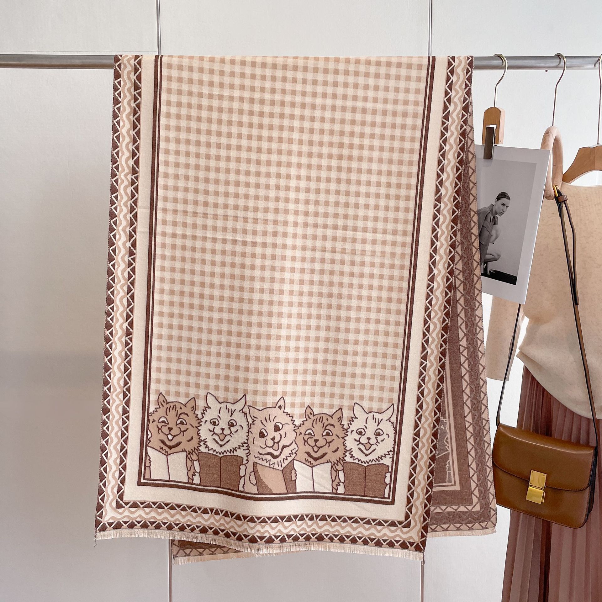 2023 nuevo estilo coreano versátil bufanda engrosada chal otoño e invierno cálido cachemir-como plaid gatito impreso bufanda para mujeres