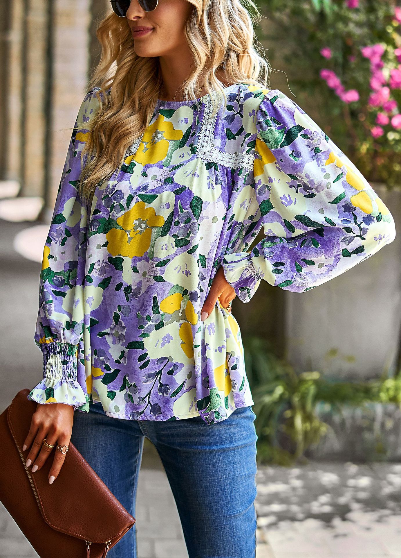 Women's Floral Print Casual Hollow-out Denim Shirt main image 0