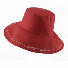 春夏季女帽韩版时尚纯色绣花渔夫帽可折叠女布帽沙滩帽子遮阳女帽