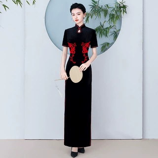 2026年新款改良复古走秀旗袍长款演出服女修身显瘦鱼尾连衣裙黑色