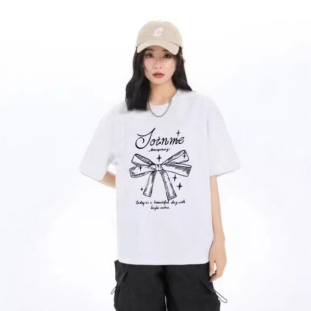 Bowknot Pure Cotton Printed Short-Sleeve T-Shirt for Women, Summer 2026 Versatile Slim-Fit Round Neck Top, Wholesale Available for Dropshipping