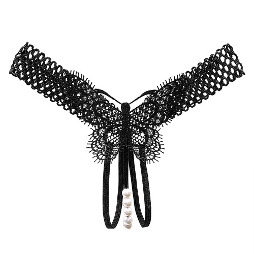 Ecstasy Yujie Temptation Hollow Sexy Panties Women's Hot Perspective Butterfly Embroidery Flirting Beaded Open Crotch Thong