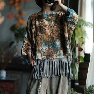 落古泥轻定制高端麻料毛边圆领宽松小衫2089植物染兰染锈色