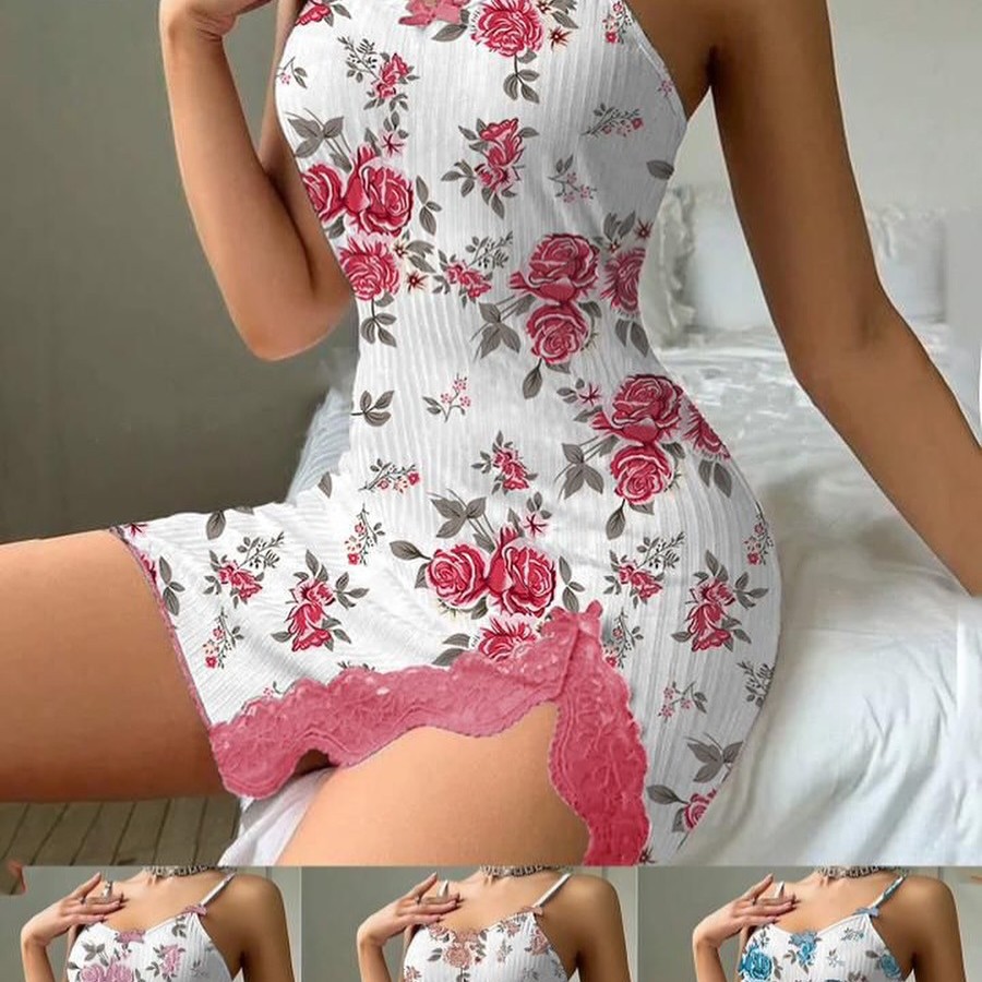 Cross-Border Popular Foreign Trade Cute Style New Printed Nightgown Sexy Suspender Sexy Underwear Home Wear Nightgown Set