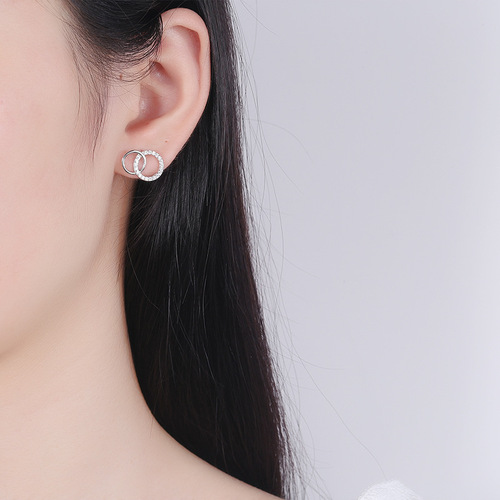 New concept s925 sterling silver diamond double ring stud earrings for women simple ins cool style geometric circle earrings wholesale