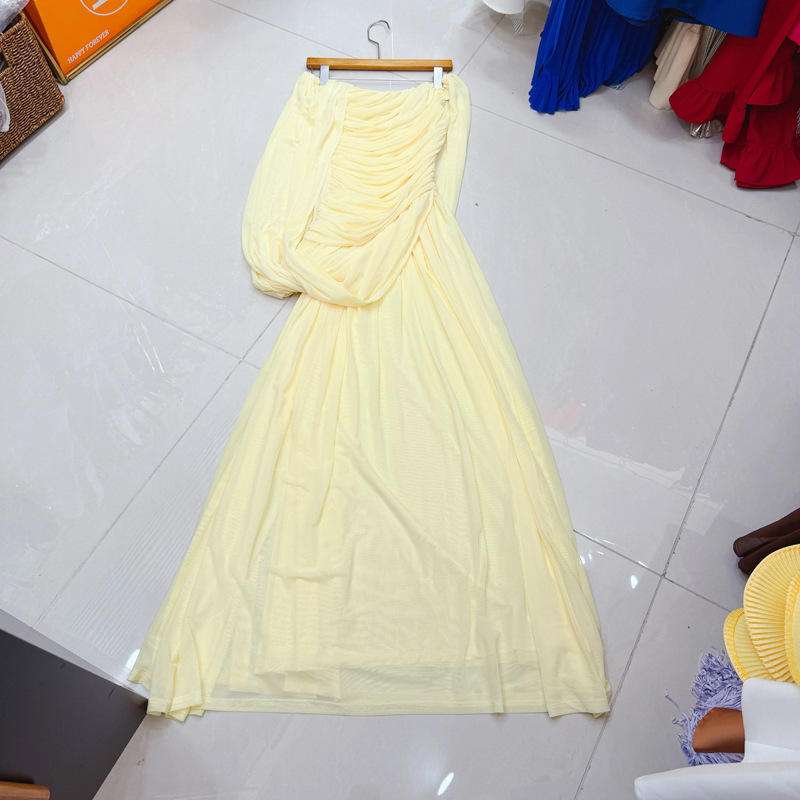 Thirteen Lines Vietnam Gentle Slim Fit Off-Shoulder Mesh Pleated Long Dress Waist-Cinching Evening Gown A1 # 2010