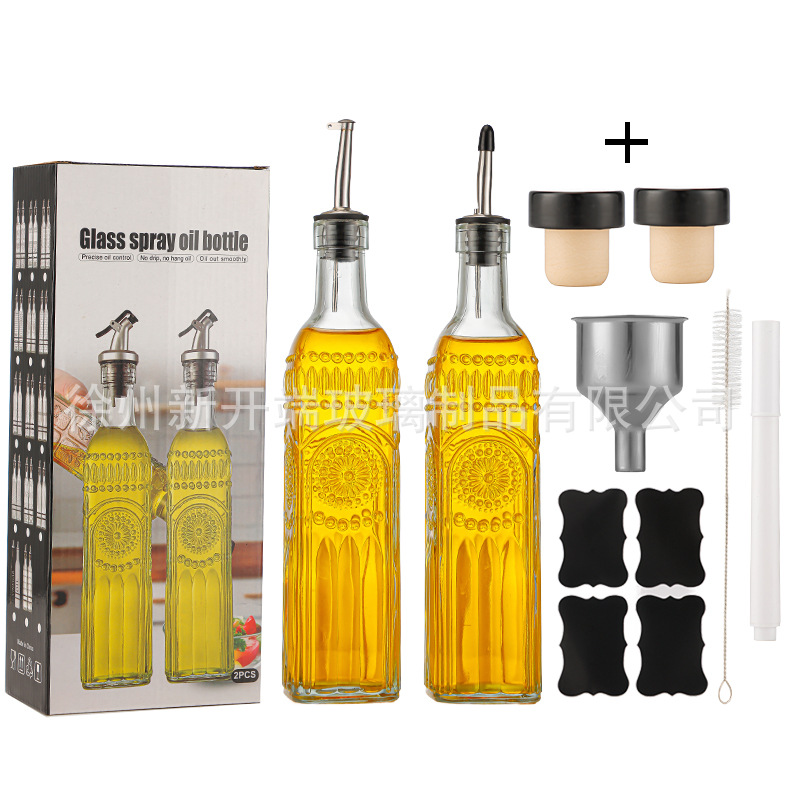 Botella de aceite de vidrio Amazon 500ml dispensador de olla de aceite de oliva verde oscuro Juego de botella de vinagre transfronterizo