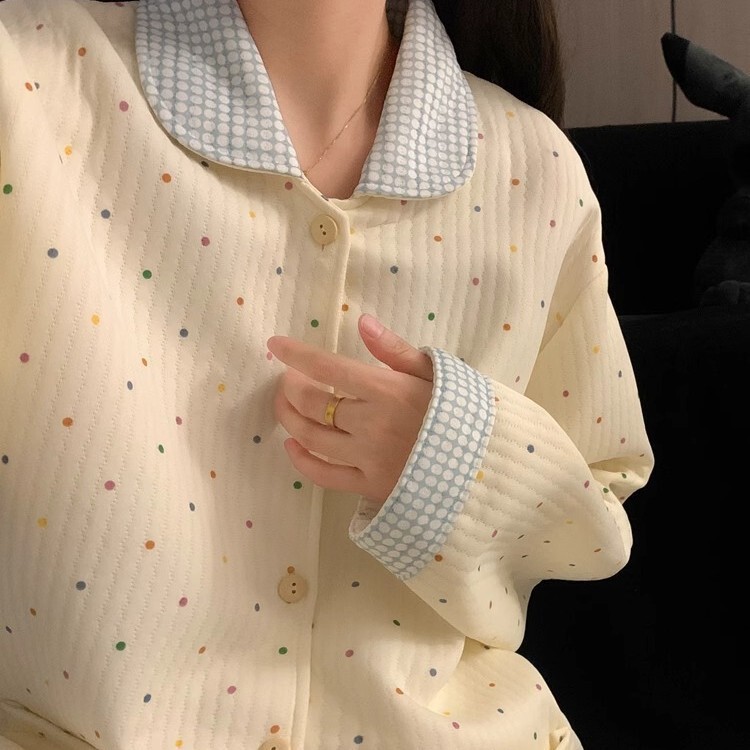 South Korea Color Dot Air Cotton Pajamas Women's Autumn and Winter Sweet Doll Collar Thickened Quilted Home Clothes suit South Korea Color Dot Air Cotton Pajamas Women's Autumn and Winter Sweet Doll Collar Thickened Quilted Home Clothes suit