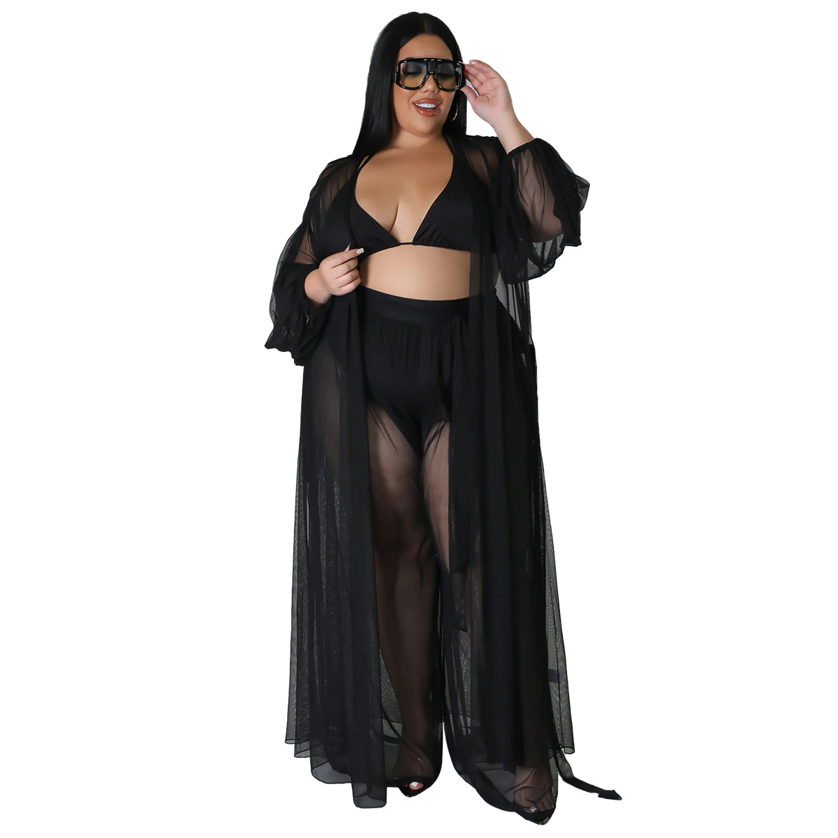 Women's plus Size Batwing Sleeve Two Piece Set European American Style Solid Color See through Long Sleeve Sexy Pants_voghion.com