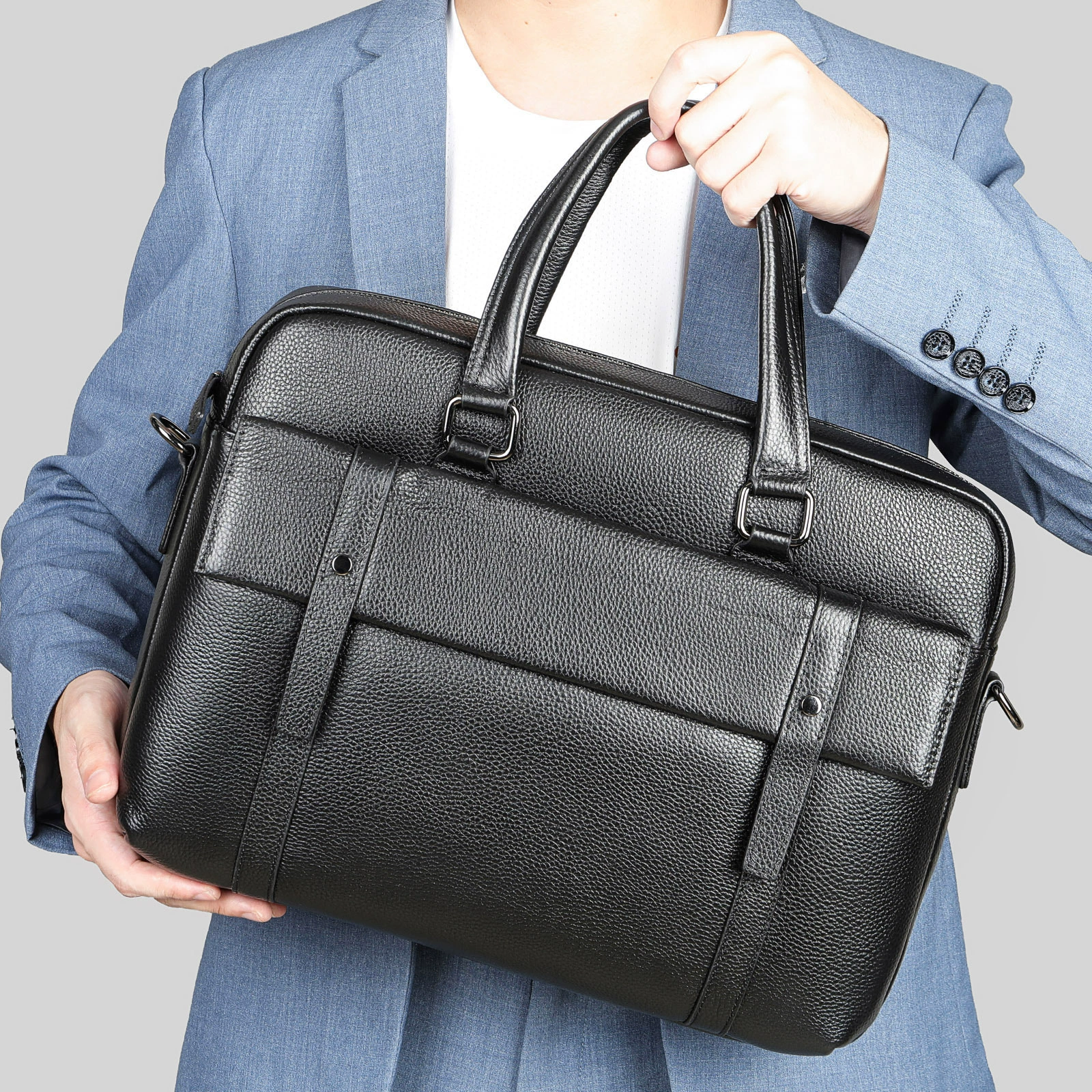 Capacious leather laptop, shoulder bag, genuine leather, business version