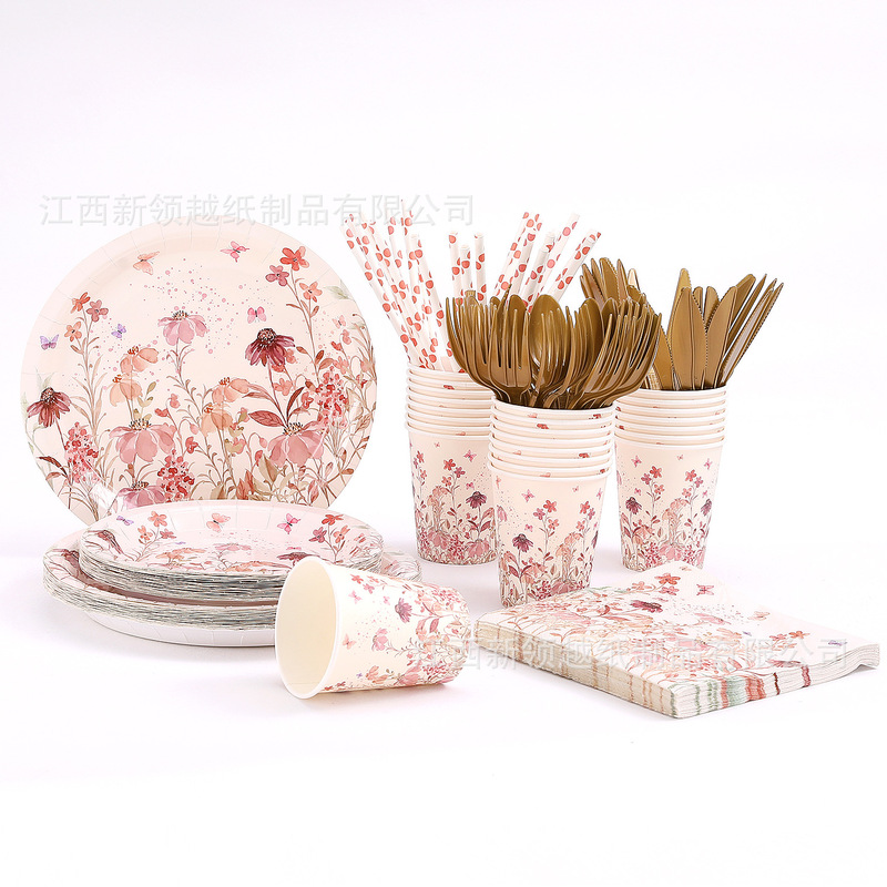 Spot Autumn Wild Flower Day Party Decoration Supplies Set Butterfly Flower Disposable Tablecloth Tableware