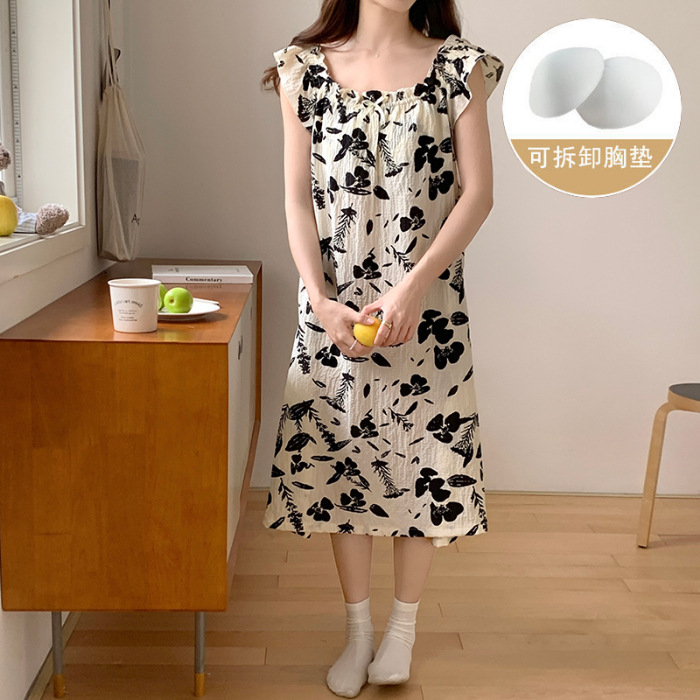 Pijama de verano, vestido de mujer, nuevo estilo con cojín de pecho, flores dulces, estudiantes, pijamas caseros, cabello de acento