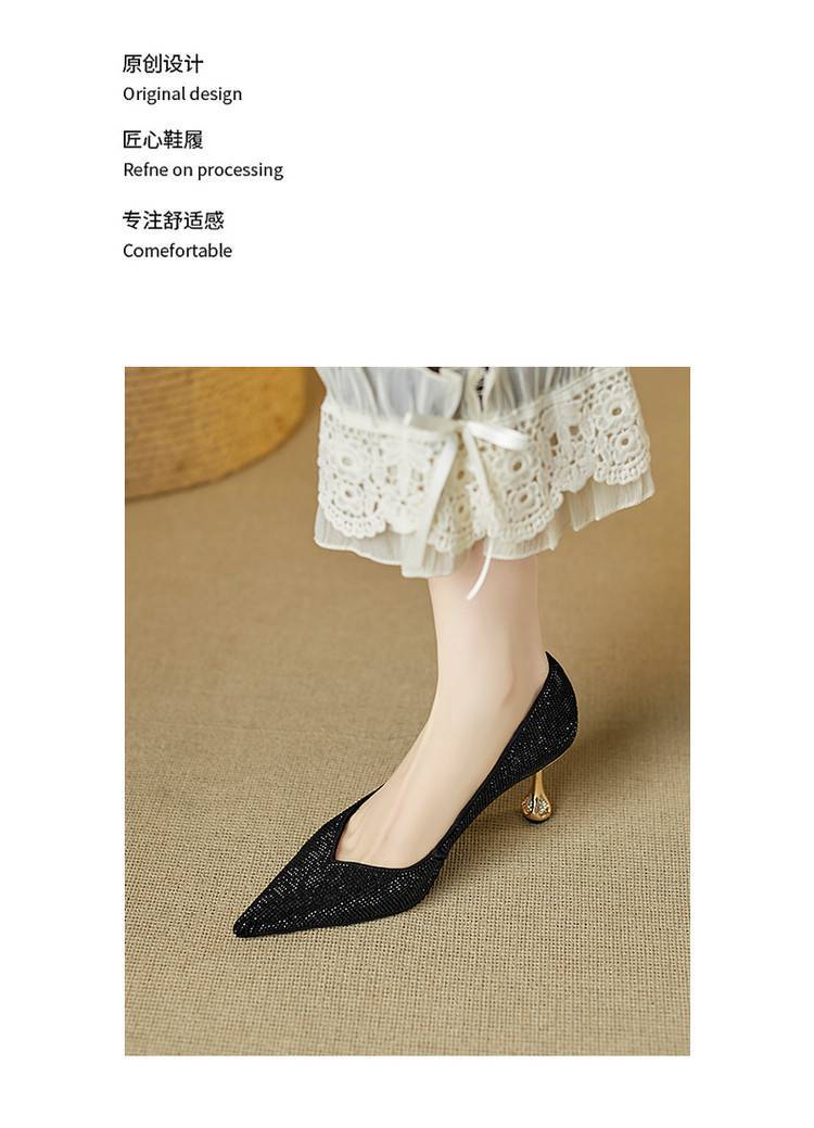 Giày cao gót nữ mũi nhọn gót 9 cm pha lê lấp lánh màu sâm panh — Màu đen chi tiết 7