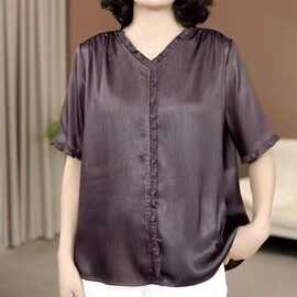 一件代发爆款2026夏季缎面短袖T恤女大码妈妈V领木耳边宽松上衣女