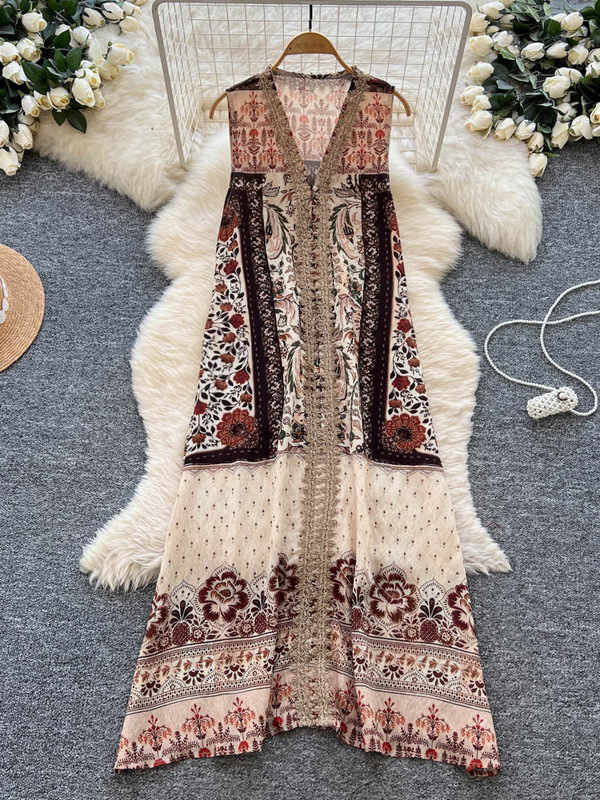 Bohemian Holiday Niche Retro Fashion Printed V Neck Lace Splicing Sleeveless Loose Slim Dress for Women