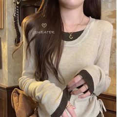复古假两件抽绳撞色褶皱长袖T恤女2025早秋百搭显瘦设计感上衣潮