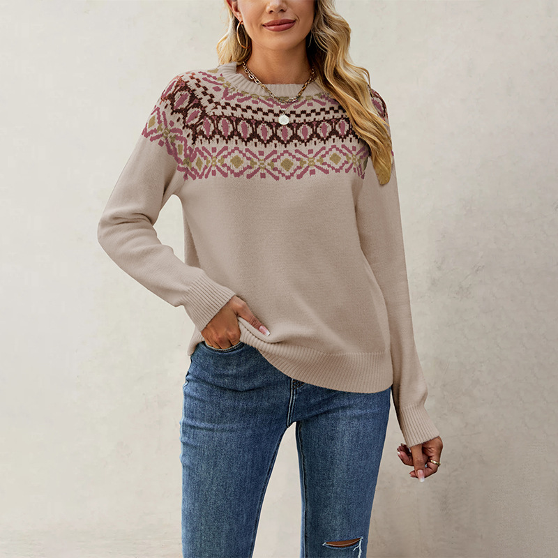 Suéter Jacquard Retro de Gran Tamaño con Cuello Redondo, Tejido de Punto, Estilo Europeo y Americano, Novedad Otoño-Invierno 2026, Éxito de Ventas en Amazon
