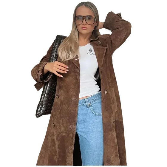 European and American Cross-border 2024 Autumn Women's Trenchcoat Elegant khaki Faux Leather Double-breasted Lapel Coat
