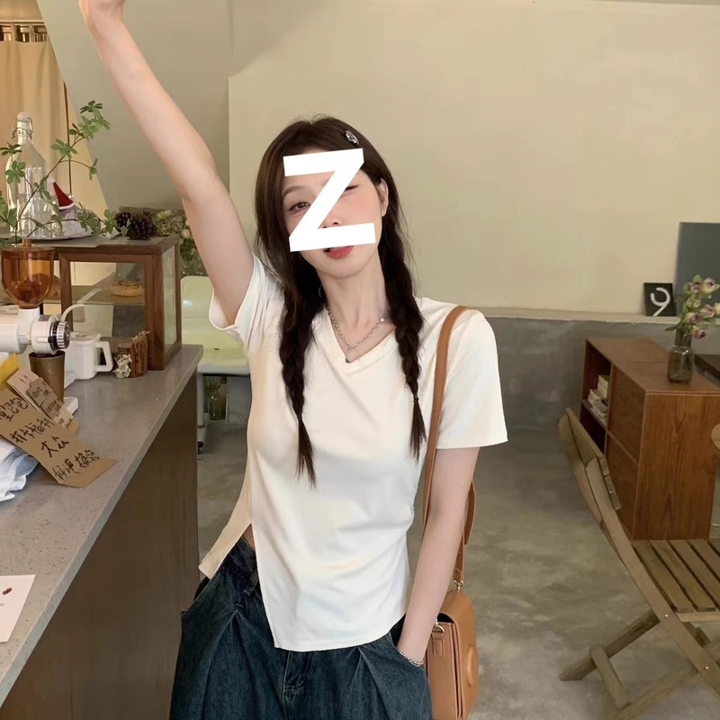 半袖tシャツ夏2025新型潮正肩修身vネック半袖不規則開叉短い上着|undefined