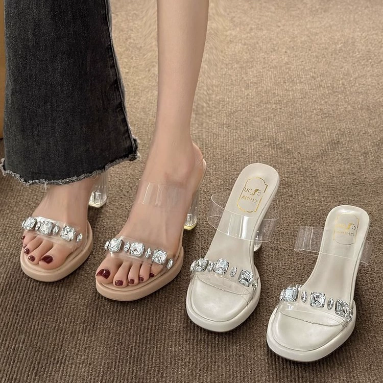 Босоножки на каблуке со стразами во французском стиле, женские летние высококачественные тапочки на толстом каблуке, верхняя одежда на высоком каблуке