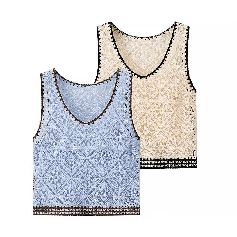 Chanel-Style Knitted Vest in Two Colors with Diamond Pattern, V-Neck, Hollow-Out Crochet Knit, Short-Sleeve Women's Summer Sleeveless Vest Top Chanel-Style Knitted Vest in Two Colors with Diamond Pattern, V-Neck, Hollow-Out Crochet Knit, Short-Sleeve Women's Summer Sleeveless Vest Top
