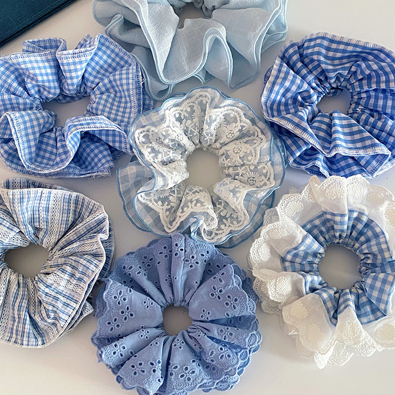 vacation style sea salt blue color large intestine hair band summer fresh mori lace tie hair balls headdress flower hair rope female