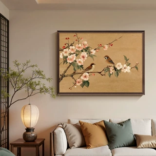 《花鸟祥和》中古风餐厅装饰画禅意沙发背景墙纯手绘油画喜上枝头