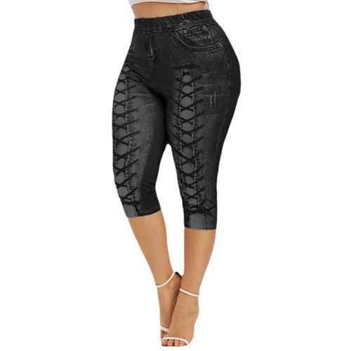 Printed Summer High-Waisted Denim-Like Leggings for Fitness and Yoga, 7/8 Length, XY750
