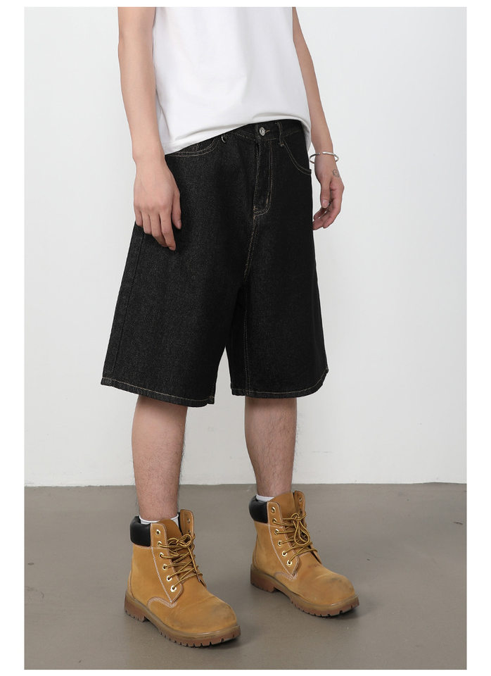 Quần short jean nam lửng ống rộng dáng suông phong cách retro, chất liệu denim thô — Denim đen, Xanh denim chi tiết 5