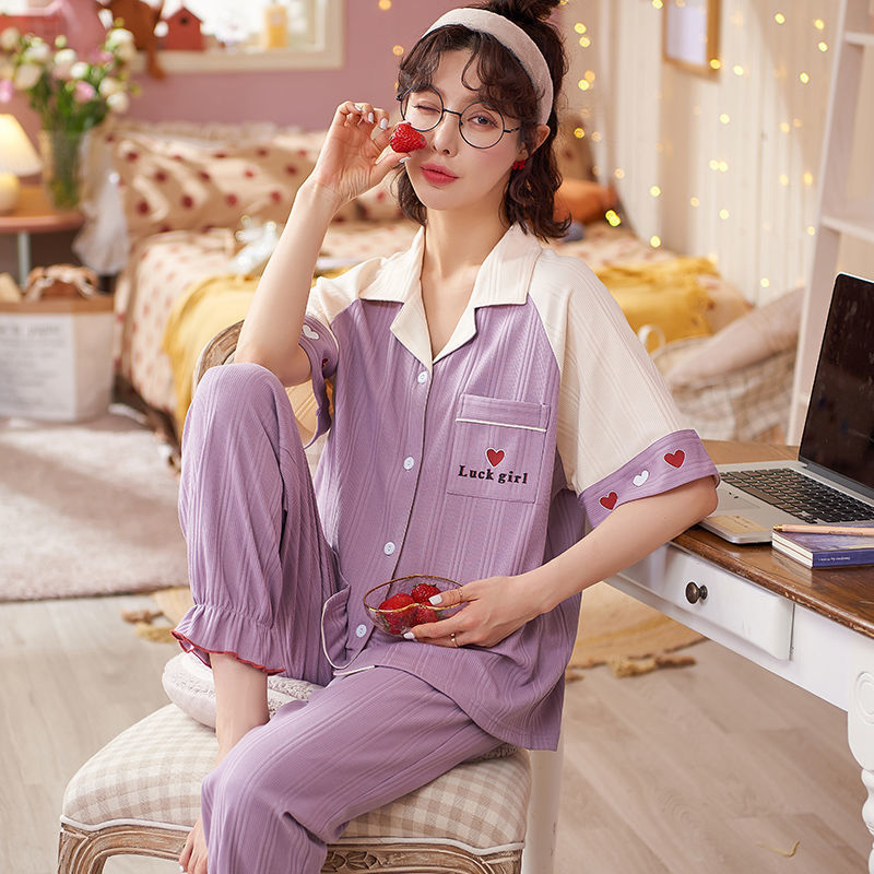 Pijamas de mujer de verano 100% algodón de manga corta pantalones de dos piezas conjunto de ropa de casa de las mujeres de primavera y otoño suelto se puede usar fuera